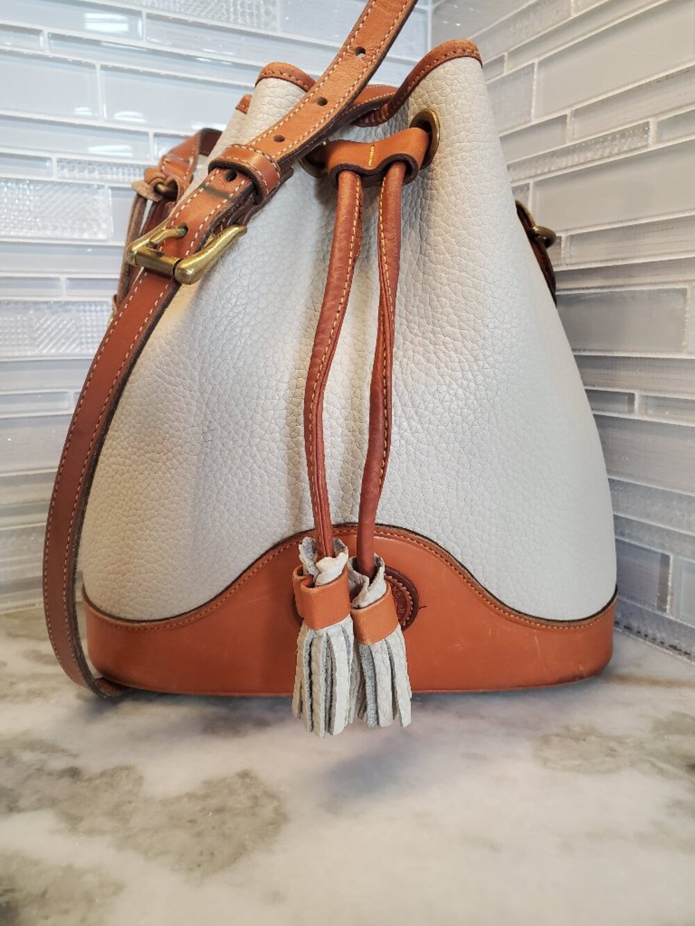 Vintage Dooney & Bourke 90s  Drawstring Bucket Bag Wheat & British Tan